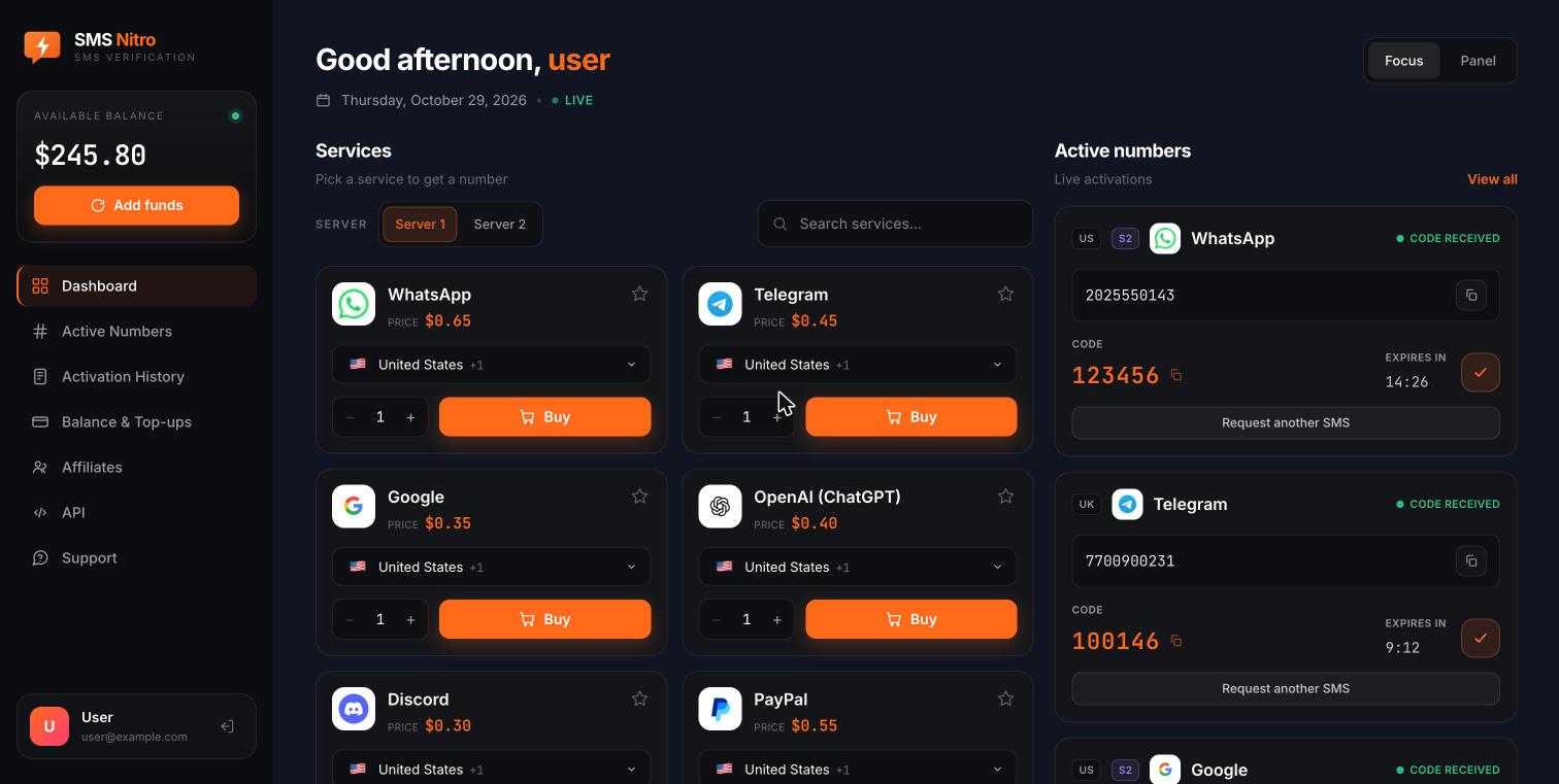 Panel de SMS Nitro: eligiendo app y país y recibiendo el código de verificación